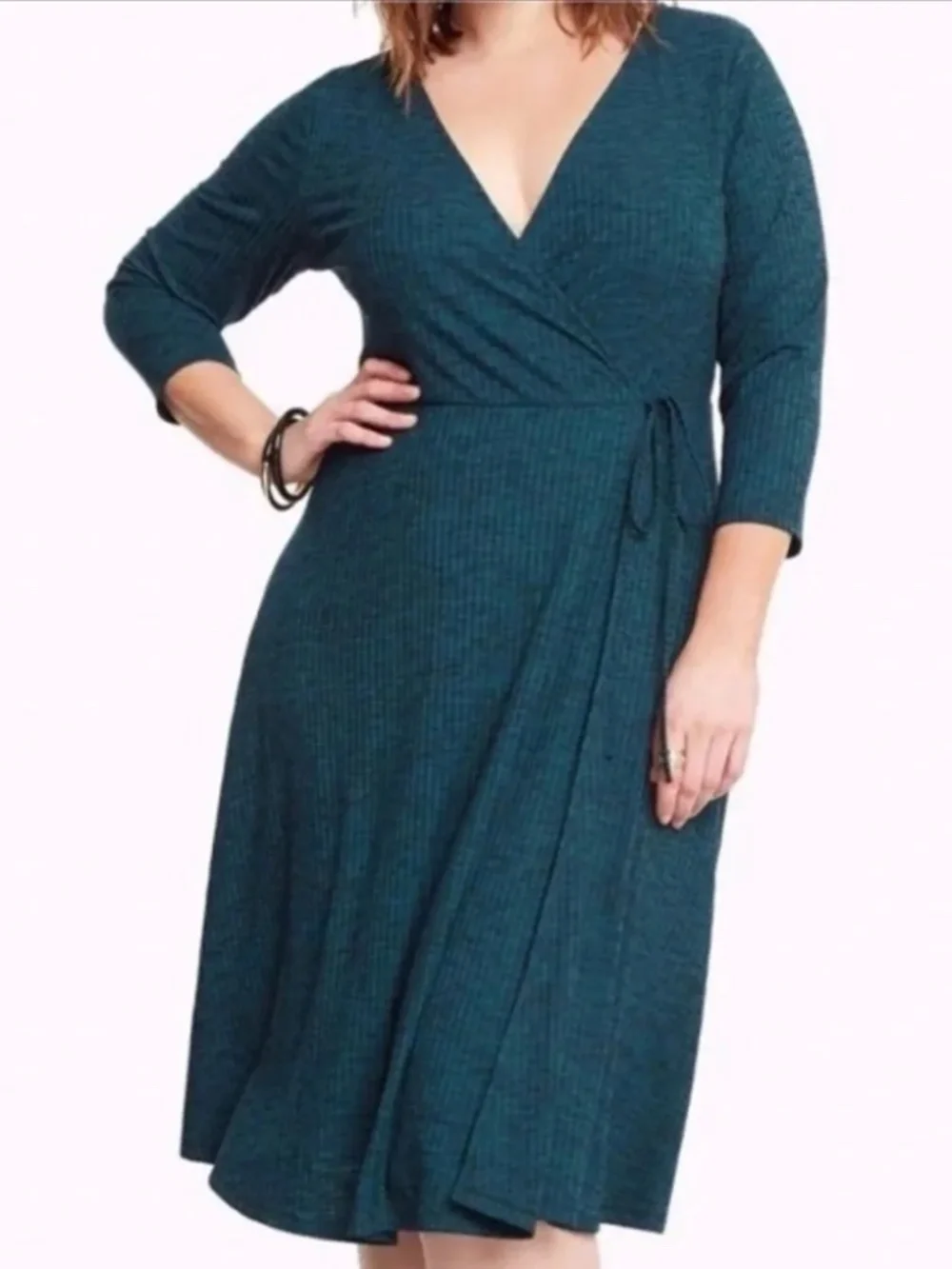 Torrid Ribbed Knit Surplice Dress Faux Wrap Midi Marled Green Forest Biome Sz 3X